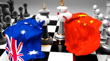 Ulusal bayraklarla oynanan bir satranç oyunuyla sembolize edilen bir ticaret anlaşması veya egemenliği hedefleyen bu iki ülke arasındaki Çin krizi, çatışma, çatışma ve tartışma