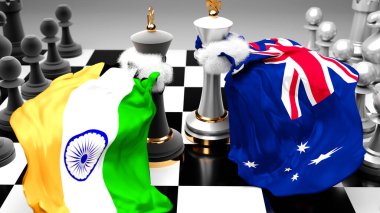 Hindistan Avustralya krizi, çatışma, çatışma ve tartışma bu iki ülke arasında bir ticaret anlaşması veya ulusal bayraklarla oynanan bir satranç oyunu ile sembolize edilen hakimiyet, 3d illüstrasyon