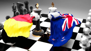 Belçika Yeni Zelanda krizi, çatışma, çatışma ve tartışma bu iki ülke arasında bir ticaret anlaşması veya ulusal bayraklı bir satranç oyunuyla sembolize edilen hakimiyet, 3d illüstrasyon