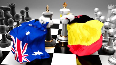 Avustralya 'da bir ticaret anlaşması veya ulusal bayraklarla oynanan bir satranç oyunuyla sembolize edilen egemenliği hedefleyen bu iki ülke arasında Belçika krizi, çatışma, çatışma ve tartışma
