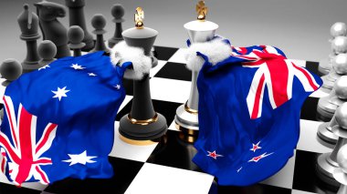 Avustralya Yeni Zelanda krizi, çatışma, çatışma ve tartışma bu iki ülke arasında bir ticaret anlaşması veya ulusal bayraklarla oynanan bir satranç oyunuyla sembolize edilen hakimiyet, 3D illüstrasyon
