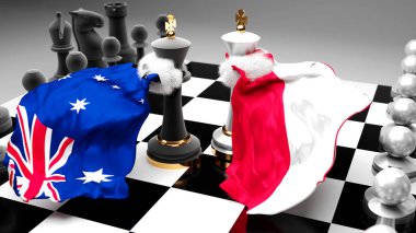 Bu iki ülke arasında bir ticaret anlaşması veya ulusal bayraklarla oynanan bir satranç oyunuyla sembolize edilen hakimiyet, üç boyutlu illüstrasyon