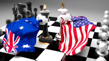 Ulusal bayraklarla oynanan bir satranç oyunuyla sembolize edilen bir ticaret anlaşması veya egemenliği hedefleyen bu iki ülke arasında Avustralya 'daki kriz, çatışma, çatışma ve tartışma
