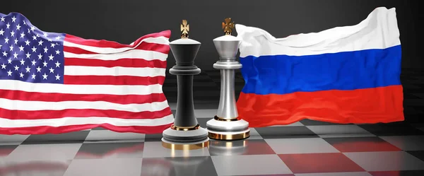 USA Russia summit, fight or a stand off between those two countries that aims at solving political issues, symbolized by a chess game with national flags, 3d illustration