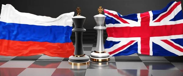Russia UK England summit, fight or a stand off between those two countries that aims at solving political issues, symbolized by a chess game with national flags, 3d illustration