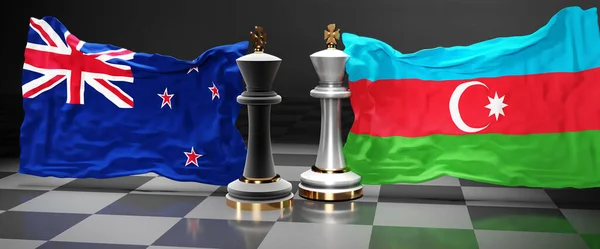 New Zealand Azerbaijan summit, fight or a stand off between those two countries that aims at solving political issues, symbolized by a chess game with national flags, 3d illustration