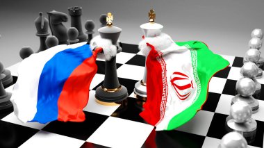 Rusya krizi, çatışma, çatışma ve bu iki ülke arasında bir ticaret anlaşması veya ulusal bayraklarla oynanan bir satranç oyunuyla sembolize edilen hakimiyet, 3D illüstrasyon