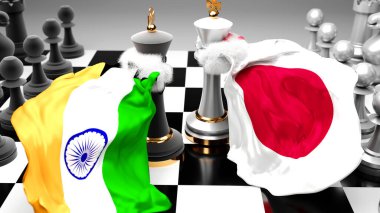 Hindistan Japonya krizi, çatışma, çatışma ve bu iki ülke arasında bir ticaret anlaşması veya ulusal bayraklı bir satranç oyunuyla sembolize edilen hakimiyet, 3D illüstrasyon