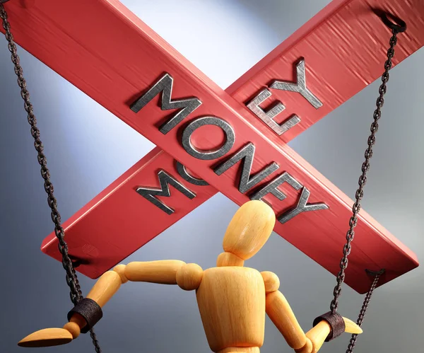 Money control, power, authority and manipulation symbolized by control bar with word Money pulling the strings (chains) of a wooden puppet, 3d illustration