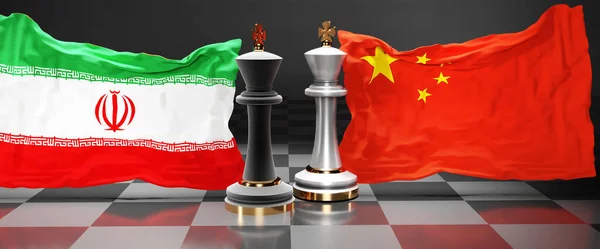 Iran China summit, fight or a stand off between those two countries that aims at solving political issues, symbolized by a chess game with national flags, 3d illustration