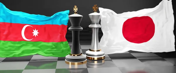 Azerbaijan Japan summit, fight or a stand off between those two countries that aims at solving political issues, symbolized by a chess game with national flags, 3d illustration