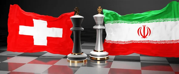 Switzerland Iran summit, fight or a stand off between those two countries that aims at solving political issues, symbolized by a chess game with national flags, 3d illustration