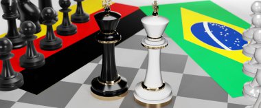 Almanya ve Brezilya - görüşmeler, münazara, diyalog veya iki satranç kralı olarak gösterilen bu iki ülke arasında toplantı ve müzakere sanatını sembolize eden bir çatışma, 3d illüstrasyon