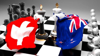 İsviçre Yeni Zelanda krizi, çatışma, çatışma ve tartışma bu iki ülke arasında bir ticaret anlaşması veya ulusal bayraklarla oynanan bir satranç oyunuyla sembolize edilen hakimiyet, 3D illüstrasyon