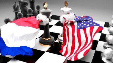 Bu iki ülke arasındaki Fransa krizi, çatışma, çatışma ve tartışma, ulusal bayraklarla oynanan bir satranç oyunu ve 3D illüstrasyonuyla sembolize edilen bir ticaret anlaşması veya egemenliği hedefliyor.