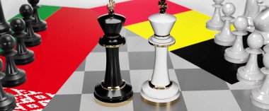 Belarus ve Belçika - görüşmeler, tartışmalar, diyaloglar veya bu iki ülke arasında bayraklı iki satranç kralı olarak gösterilen ve toplantı ve müzakere sanatını simgeleyen bir çatışma, 3d illüstrasyon