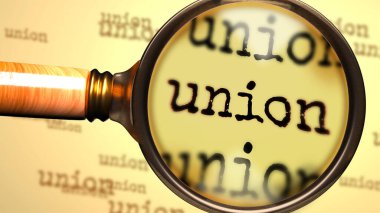 Birlik - Birlik fikrine ilişkin bir açıklama ve yanıtlar, 3d illüstrasyonunu daha yakından incelemek, analiz etmek veya aramak için İngilizce kelime birliği büyüten büyüteç