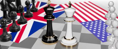 İngiltere ve ABD - görüşmeler, münazara, diyalog veya iki satranç kralı olarak gösterilen ve toplantı ve müzakere sanatını sembolize eden bayraklı iki ülke arasında bir çatışma, 3d illüstrasyon