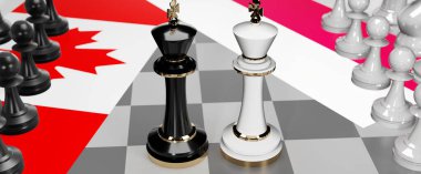 Kanada ve Polonya - görüşmeler, münazara, diyalog veya iki satranç kralı olarak gösterilen bu iki ülke arasında toplantı ve müzakere sanatını sembolize eden bir çatışma, 3d illüstrasyon