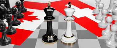 Kanada ve İsviçre - görüşmeler, münazara, diyalog veya iki satranç kralı olarak gösterilen bu iki ülke arasında toplantı ve müzakere sanatını sembolize eden bir çatışma, 3d illüstrasyon