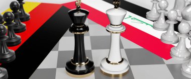 Almanya ve Irak - görüşmeler, tartışmalar, diyaloglar veya iki satranç kralı olarak gösterilen bu iki ülke arasında toplantı ve müzakere sanatını sembolize eden bir çatışma, 3D illüstrasyon