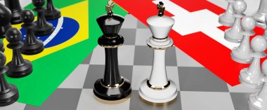 Brezilya ve İsviçre - görüşmeler, münazara, diyalog veya iki satranç kralı olarak gösterilen bu iki ülke arasında toplantı ve müzakere sanatını sembolize eden bir çatışma, 3d illüstrasyon