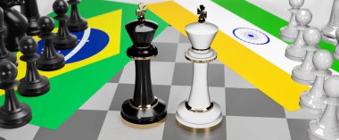 Brezilya ve Hindistan - görüşmeler, münazara, diyalog veya iki satranç kralı olarak gösterilen bu iki ülke arasında toplantı ve müzakere sanatını sembolize eden bir çatışma, 3d illüstrasyon