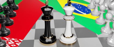 Belarus ve Brezilya - görüşmeler, münazara, diyalog veya bu iki ülke arasında bayraklı iki satranç kralı olarak gösterilen ve toplantı ve müzakere sanatını sembolize eden bir çatışma, 3d illüstrasyon
