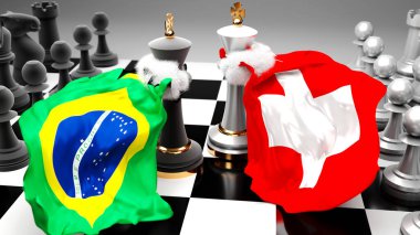 Brezilya krizi, çatışma, çatışma ve bu iki ülke arasında bir ticaret anlaşması veya ulusal bayraklı bir satranç oyunuyla sembolize edilen hakimiyet, 3D illüstrasyon