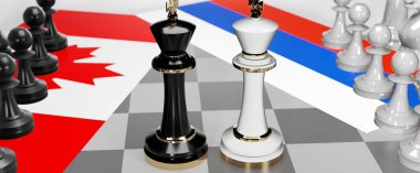 Kanada ve Rusya - görüşmeler, münazara, diyalog veya iki satranç kralı olarak gösterilen bu iki ülke arasında toplantı ve müzakere sanatını sembolize eden bir çatışma, 3d illüstrasyon