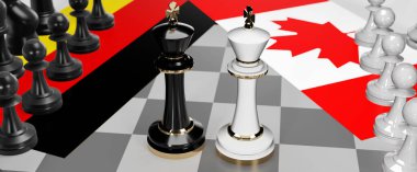 Almanya ve Kanada - görüşmeler, münazara, diyalog veya iki satranç kralı olarak gösterilen bu iki ülke arasında toplantı ve müzakere sanatını sembolize eden bir çatışma, 3d illüstrasyon