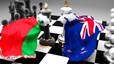 Belarus Yeni Zelanda krizi, çatışma, çatışma ve bu iki ülke arasında bir ticaret anlaşması veya ulusal bayraklı bir satranç oyunuyla sembolize edilen hakimiyet, 3D illüstrasyon