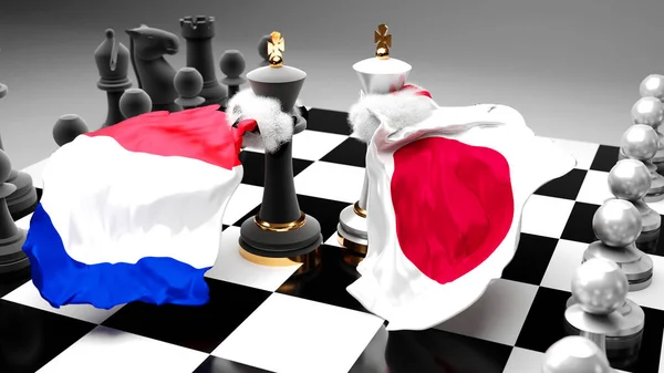フランス日本の危機 国旗のあるチェスゲームに象徴される貿易協定や支配を目指す両国間の議論 3Dイラスト — ストック写真