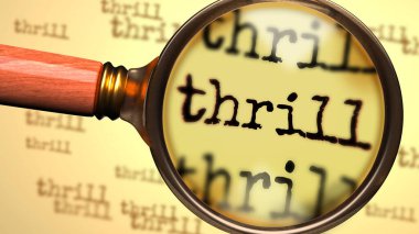 Heyecan verici - büyüteç İngilizce kelime genişletme Heyecan sembolize etmek için daha yakından bakmak, analiz etmek ya da heyecan fikri ile ilgili cevaplar aramak, 3D illüstrasyon