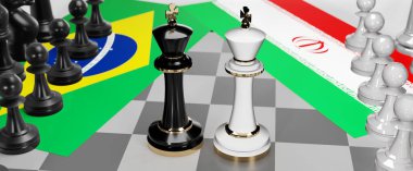 Brezilya ve İran - görüşmeler, münazara, diyalog veya iki satranç kralı olarak gösterilen bu iki ülke arasında toplantı ve müzakere sanatını sembolize eden bir çatışma, 3d illüstrasyon