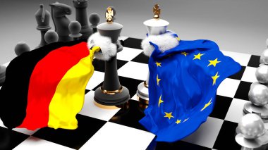 Almanya 'nın AB Avrupa' daki krizi, çatışması, çatışması ve tartışması, bu iki ülke arasında bir ticaret anlaşması veya ulusal bayraklarla oynanan bir satranç oyunuyla sembolize edilen hakimiyet, 3D illüstrasyon