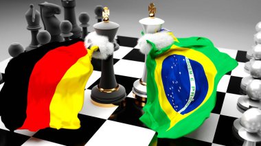 Almanya Brezilya krizi, çatışma, çatışma ve tartışma bu iki ülke arasında bir ticaret anlaşması veya ulusal bayraklarla oynanan bir satranç oyunu ile sembolize edilen hakimiyet, 3d illüstrasyon