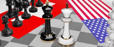 İsviçre ve ABD - görüşmeler, tartışma, diyalog veya iki satranç kralı olarak gösterilen bu iki ülke arasında toplantı ve müzakere sanatını sembolize eden bir çatışma, 3d illüstrasyon