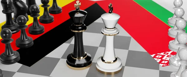 德国和白俄罗斯 这两个国家之间的对话 对话或对抗 表现为两位国际象棋之王 国旗象征着会议和谈判艺术 3D的例证 — 图库照片