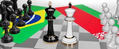Brezilya ve Belarus - görüşmeler, münazara, diyalog veya bu iki ülke arasında bayraklı iki satranç kralı olarak gösterilen ve toplantı ve müzakere sanatını sembolize eden bir çatışma, 3d illüstrasyon