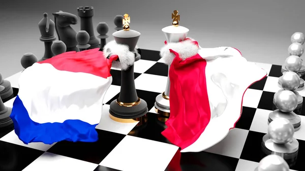 フランスポーランド危機 国家旗を持つチェスゲームに象徴される貿易取引や支配を目的としたそれらの2つの国間の議論 3Dイラスト — ストック写真