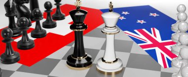 İsviçre ve Yeni Zelanda - görüşmeler, tartışmalar, diyaloglar veya iki satranç kralı olarak gösterilen ve toplantı ve müzakere sanatını sembolize eden iki ülke arasında bir çatışma, 3D illüstrasyon