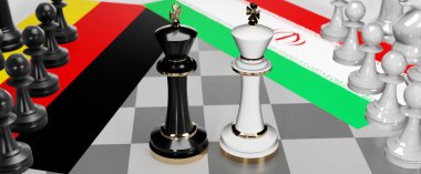 Almanya ve İran - görüşmeler, münazara, diyalog veya iki satranç kralı olarak gösterilen bu iki ülke arasında toplantı ve müzakere sanatını sembolize eden bir çatışma, 3d illüstrasyon