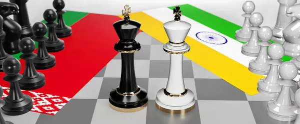 白俄罗斯和印度 这两个国家之间的对话 对话或对抗 表现为两位国际象棋之王 国旗象征着会议和谈判艺术 3D的例证 — 图库照片