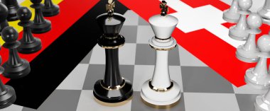 Almanya ve İsviçre - görüşmeler, tartışma, diyalog veya iki satranç kralı olarak gösterilen bu iki ülke arasında toplantı ve müzakere sanatını sembolize eden bir çatışma, 3D illüstrasyon