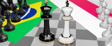 Brezilya ve Polonya - görüşmeler, münazara, diyalog veya iki satranç kralı olarak gösterilen bu iki ülke arasında toplantı ve müzakere sanatını sembolize eden bir çatışma, 3d illüstrasyon