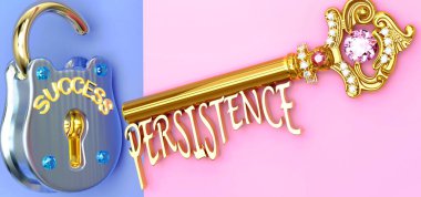 Başarının anahtarı sebattır - hayatta ve işte kazanmak için azme odaklanmalısınız, zaferlere giden kapıları açar ve gerçekten istediğinizi elde edersiniz, 3D çizim