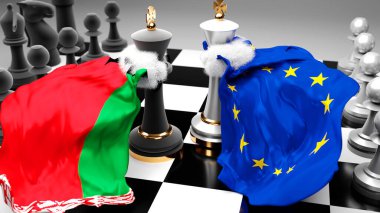 Bu iki ülke arasında, ulusal bayraklarla oynanan bir satranç oyunu ve 3D illüstrasyonla sembolize edilen bir ticaret anlaşması veya egemenliği hedefleyen Belarus AB Avrupa krizi, çatışma, çatışma ve tartışma