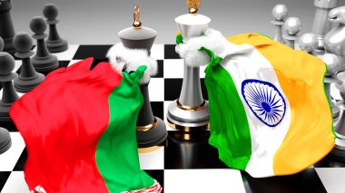 Belarus Hindistan krizi, çatışma, çatışma ve tartışma bu iki ülke arasında bir ticaret anlaşması veya ulusal bayraklarla oynanan bir satranç oyunu ile sembolize edilen hakimiyet, 3D illüstrasyon
