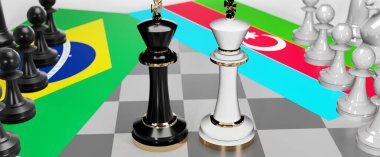 Brezilya ve Azerbaycan - görüşmeler, münazara, diyalog veya bu iki ülke arasında bayraklı iki satranç kralı olarak gösterilen ve toplantı ve müzakere sanatını simgeleyen bir çatışma, 3d illüstrasyon